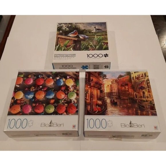 Lot of 3 Jigsaw Puzzles 1000 pieces 2 Milton Bradley/1 Hautman Brothers - Picture 1 of 3
